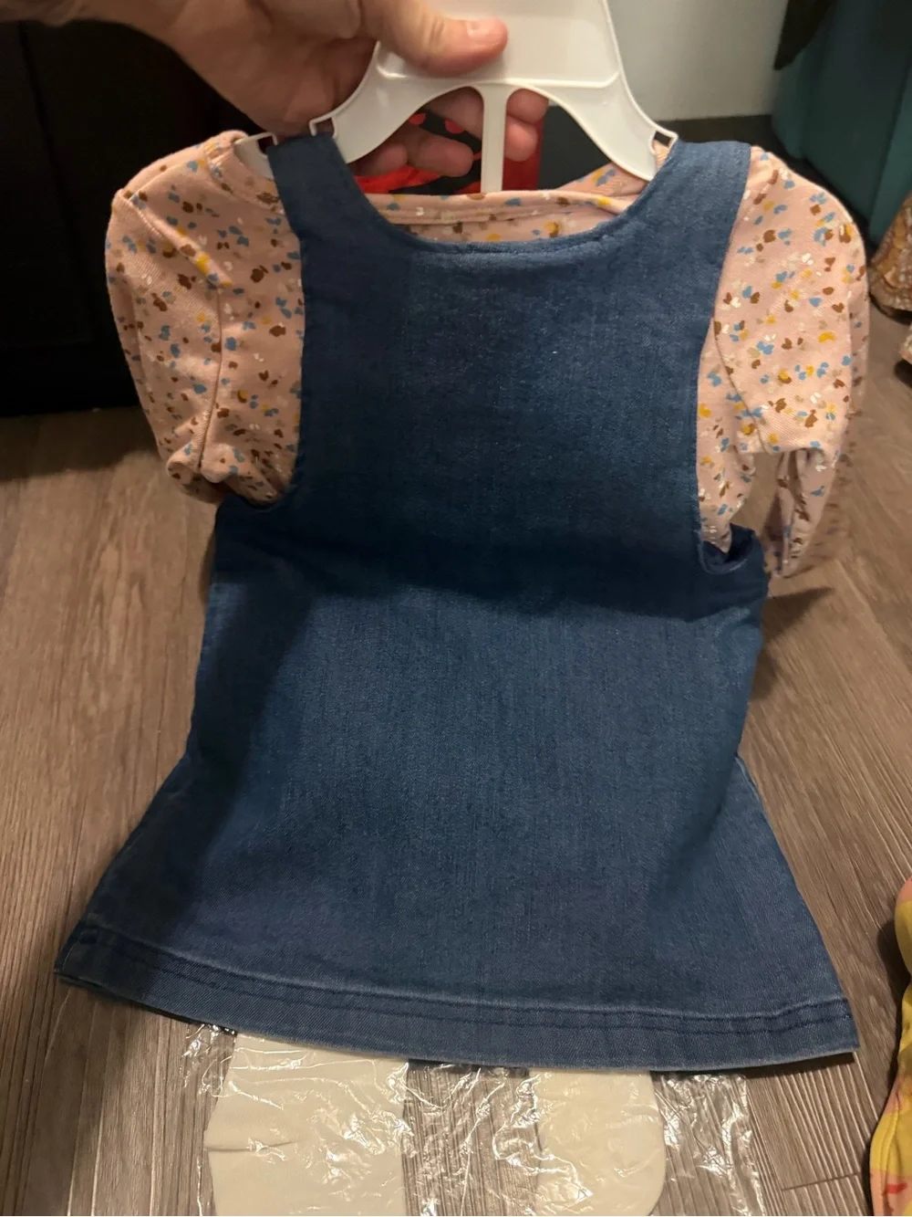 Denim Pinafore Dress with Pink Floral Long-Sleeve Top - nwt- 18 months